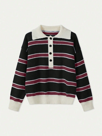 Women's Polo Collar Contrasting Striped Long Sleeved Knitted Sweater