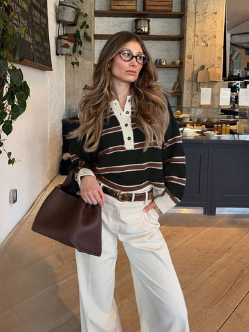 Women's Polo Collar Contrasting Striped Long Sleeved Knitted Sweater