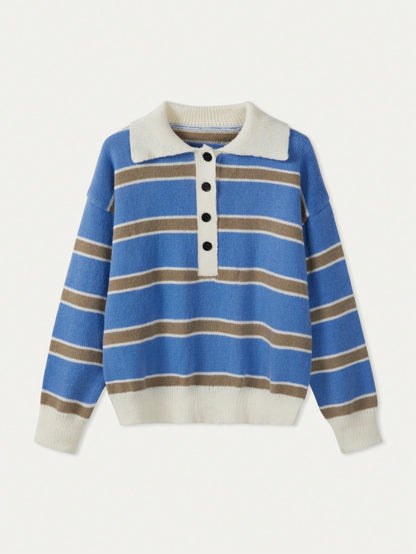 Polo Collar Contrasting Striped Long Sleeved Knitted Sweater