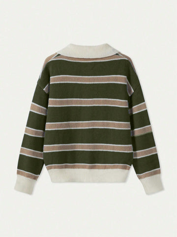 Women's Polo Collar Contrasting Striped Long Sleeved Knitted Sweater