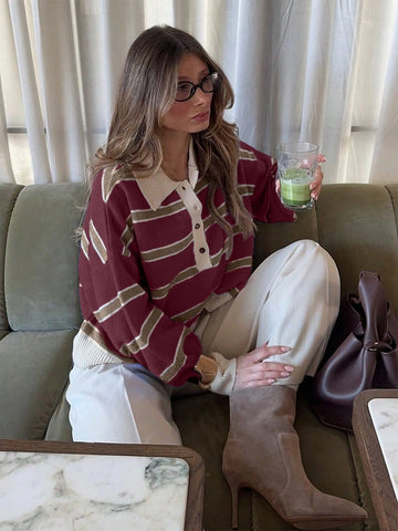 Women's Polo Collar Contrasting Striped Long Sleeved Knitted Sweater