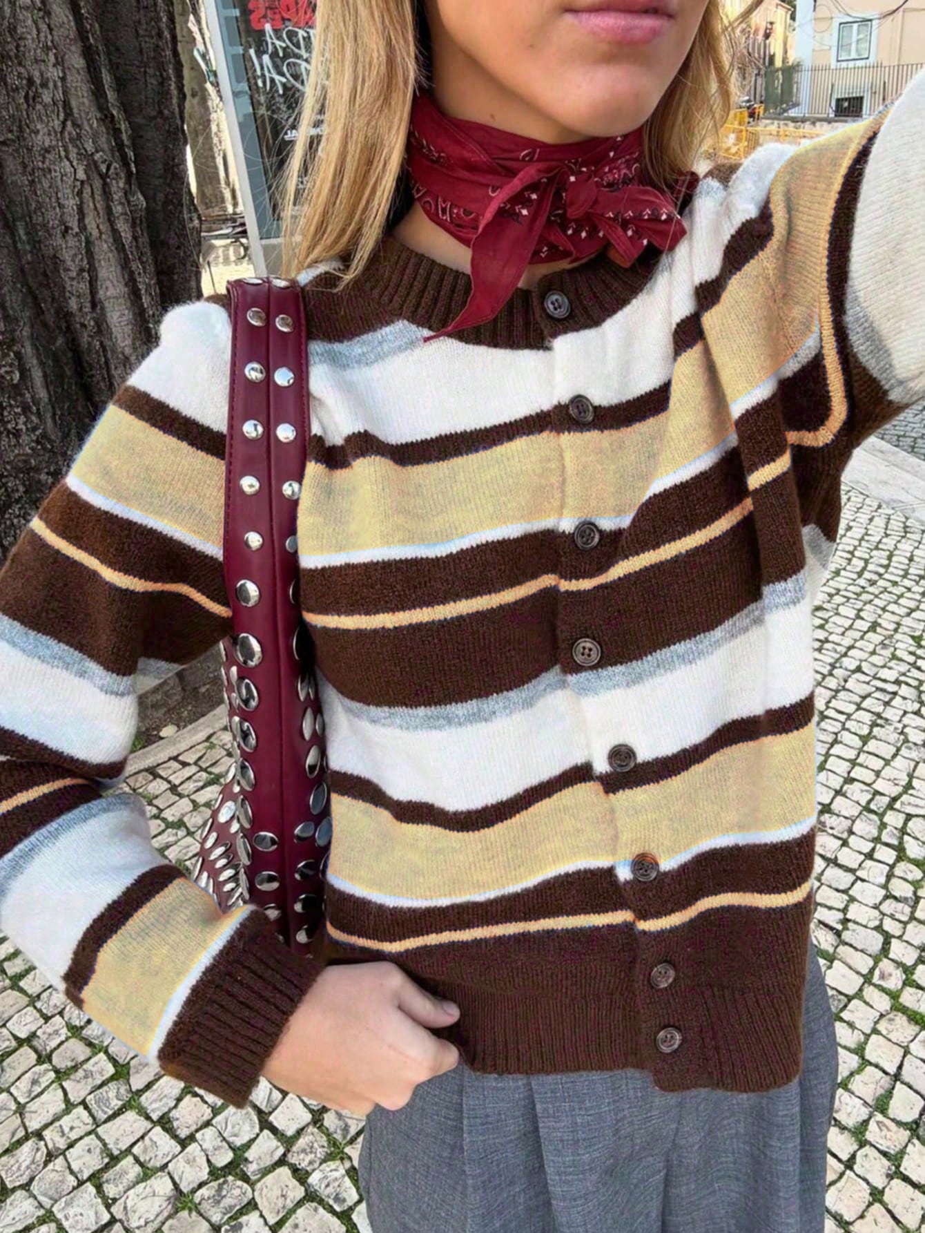 Round Neck Long Sleeve Striped Knit Sweater