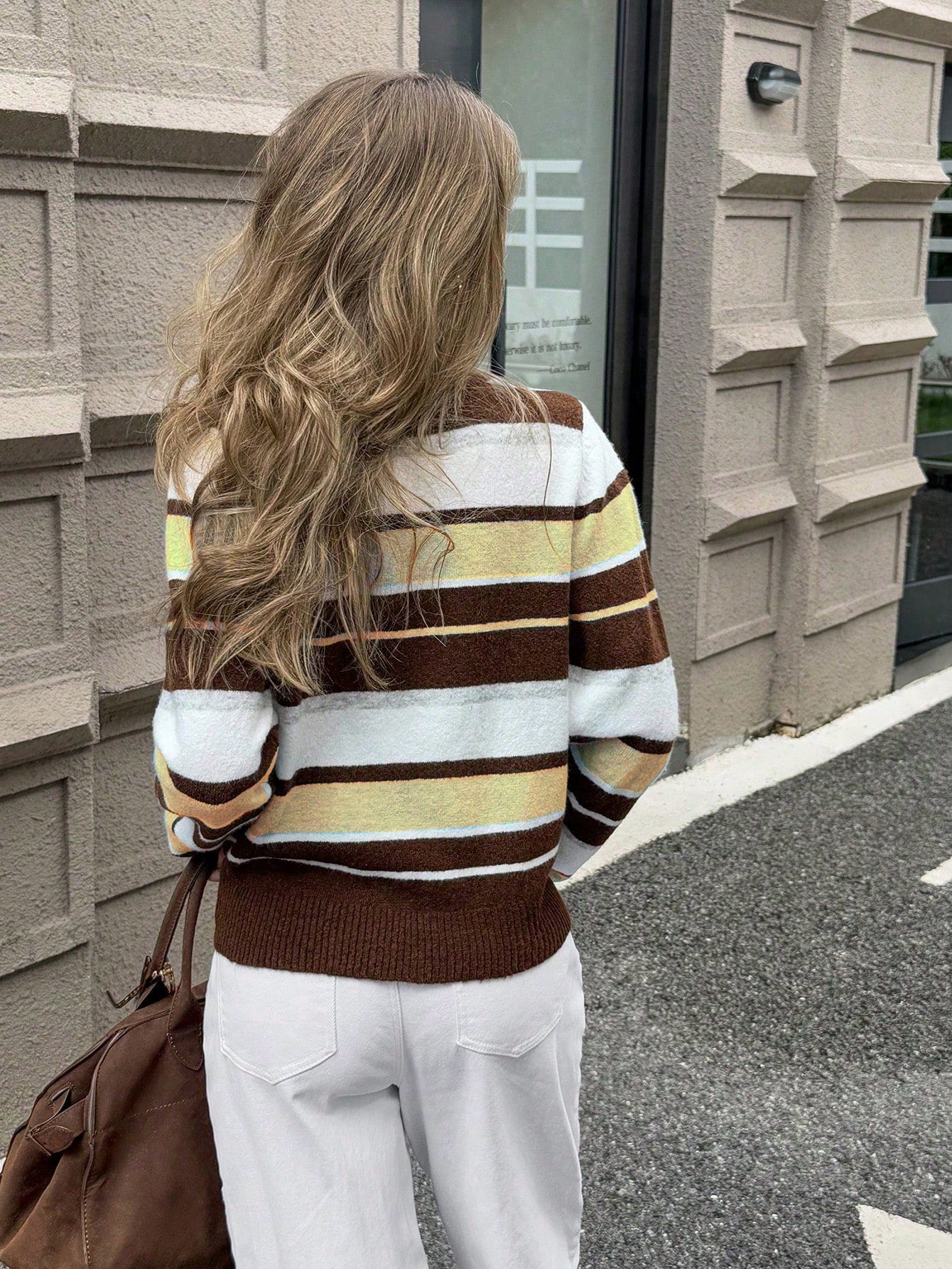 Round Neck Long Sleeve Striped Knit Sweater