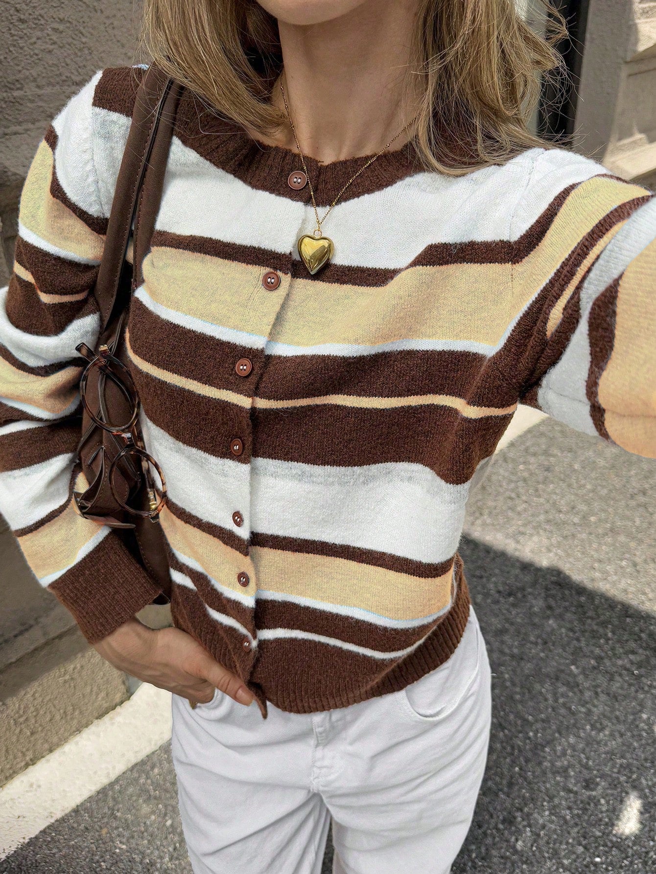 Round Neck Long Sleeve Striped Knit Sweater