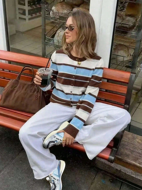 Round Neck Long Sleeve Striped Knit Sweater shein