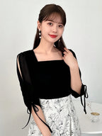 FRIFUL Square Neckline Splice Chiffon Hollow Out Strap Casual T-Shirt shein