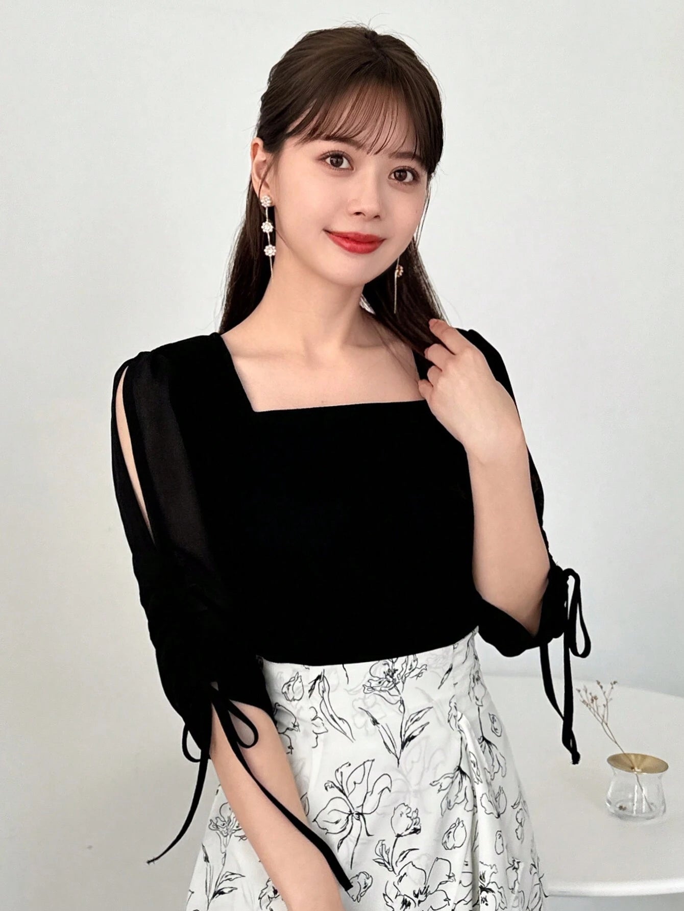 FRIFUL Square Neckline Splice Chiffon Hollow Out Strap Casual T-Shirt