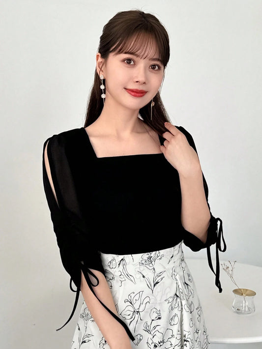 FRIFUL Square Neckline Splice Chiffon Hollow Out Strap Casual T-Shirt