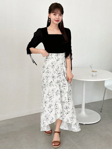 FRIFUL Square Neckline Splice Chiffon Hollow Out Strap Casual T-Shirt