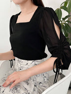 FRIFUL Square Neckline Splice Chiffon Hollow Out Strap Casual T-Shirt shein