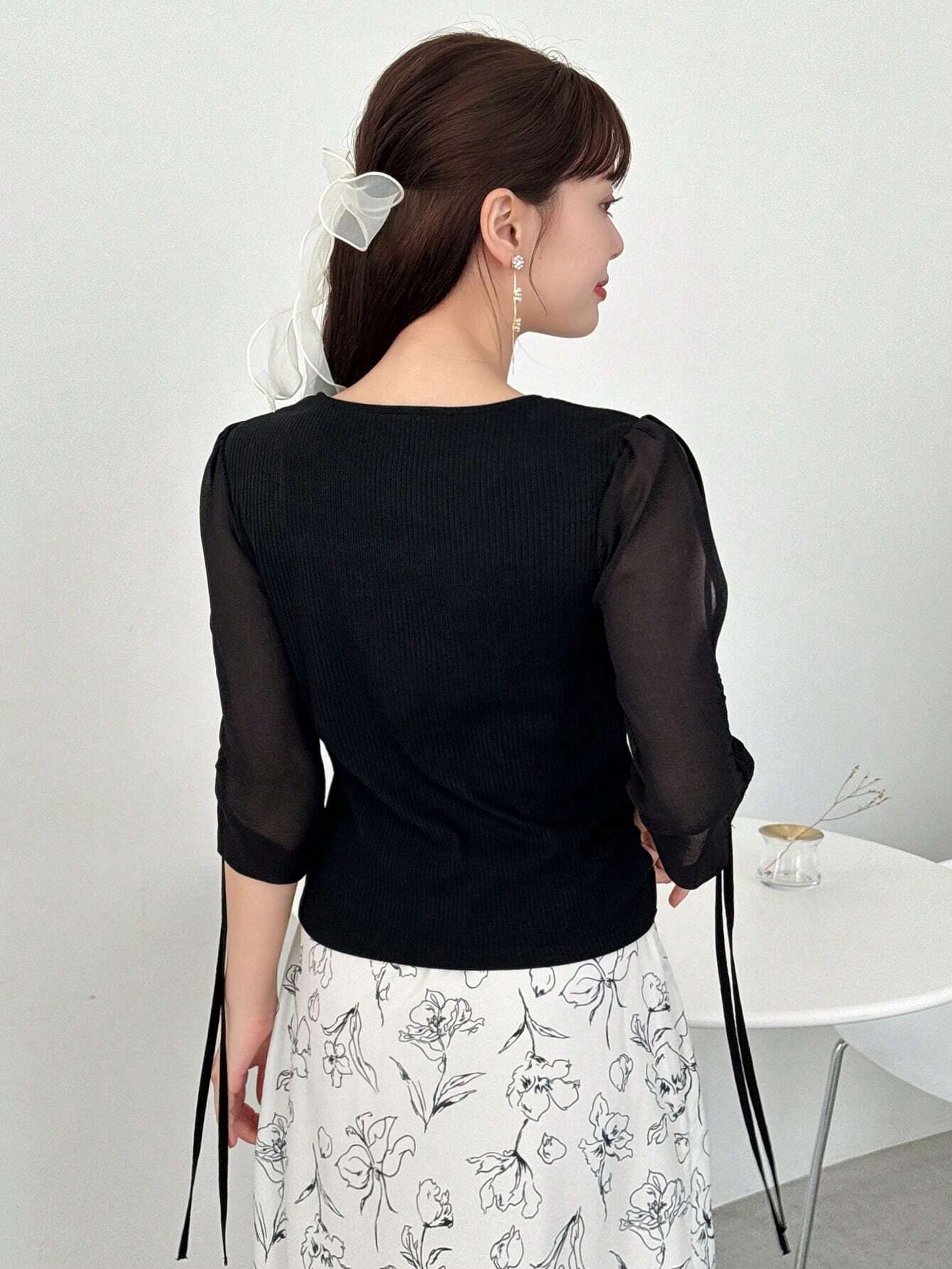 FRIFUL Square Neckline Splice Chiffon Hollow Out Strap Casual T-Shirt