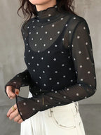 FRIFUL Women's Autumn Ruffle Collar Long Sleeve Polka Dot Blouse shein