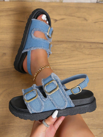 Women's Bohemian Printed Thick Heel Wedge Sandals With Tassel Trim And Buckle Strap