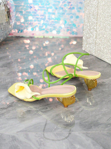 Women's Fashion Floral Open Toe Strap Mid Heel Sandals