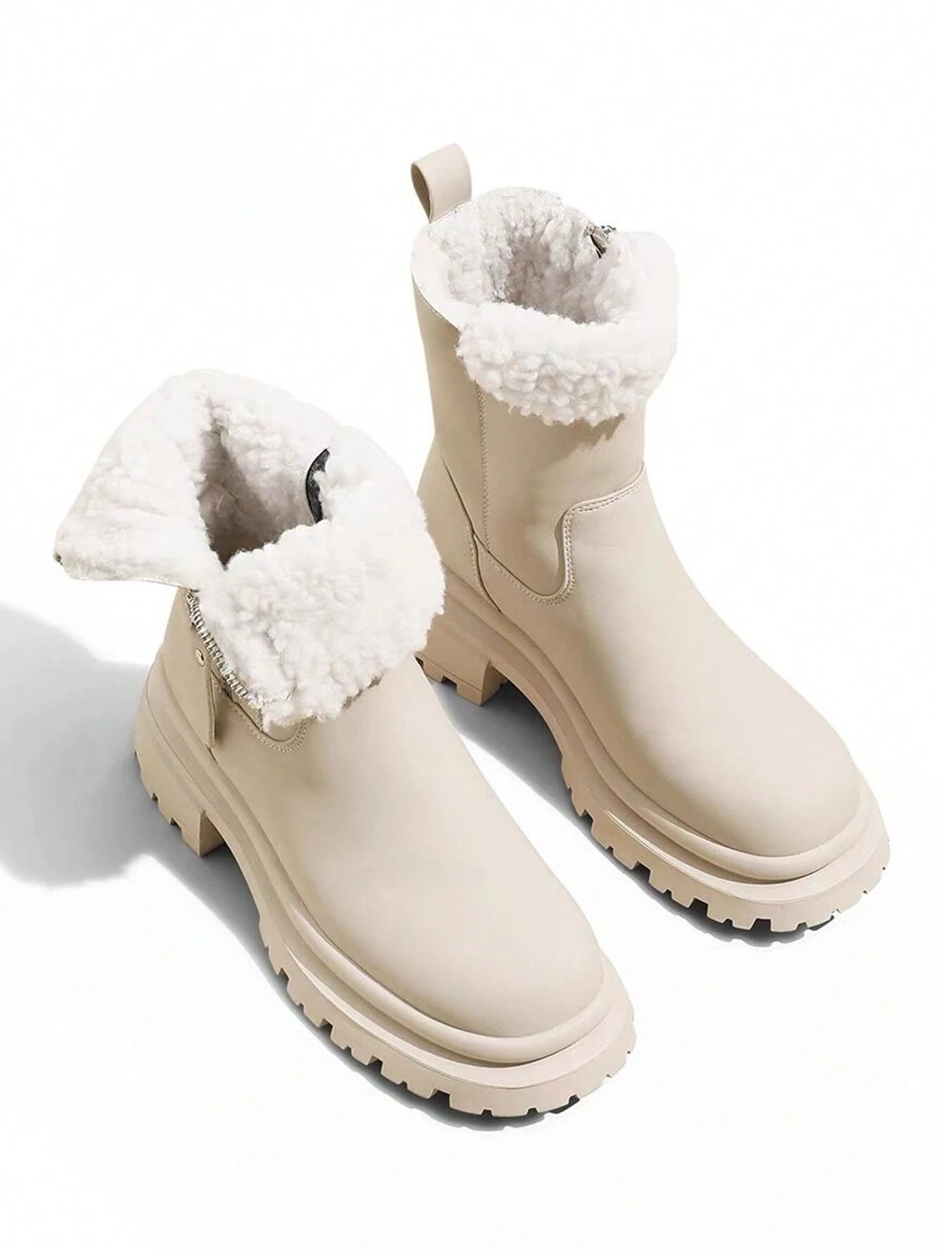 Fashionable Plush Lined Thickened Women's Outdoor Snow Boots With Leather Surface Water Resistance shein