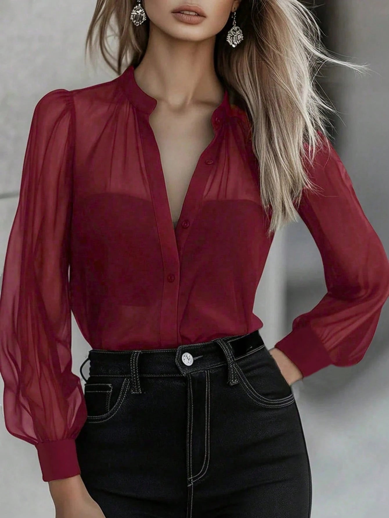Solid Color Long Sleeve Single-Breasted Fashionable Elegant Versatile Blouse shein