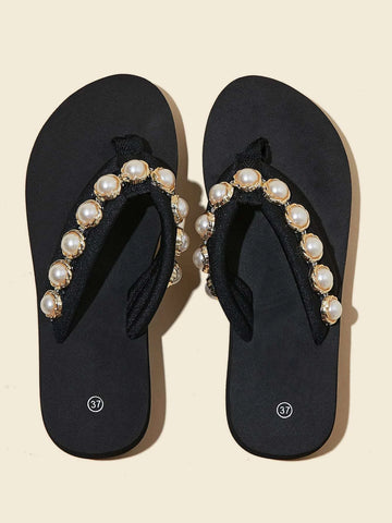 Faux Pearl Decor Flip Flops shein