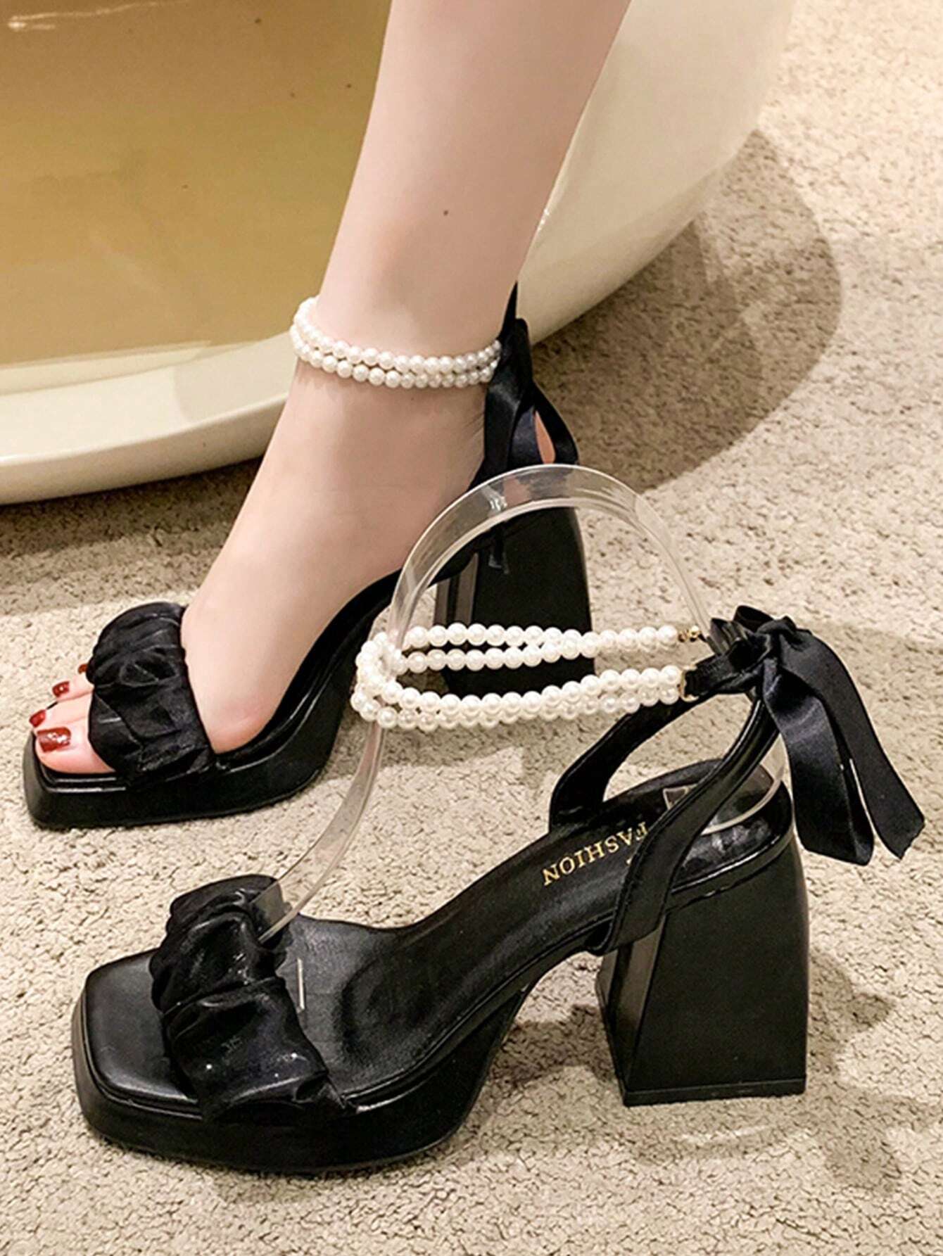 Faux Pearl Decor Ruched Detail Chunky Heeled Ankle Strap Sandals shein