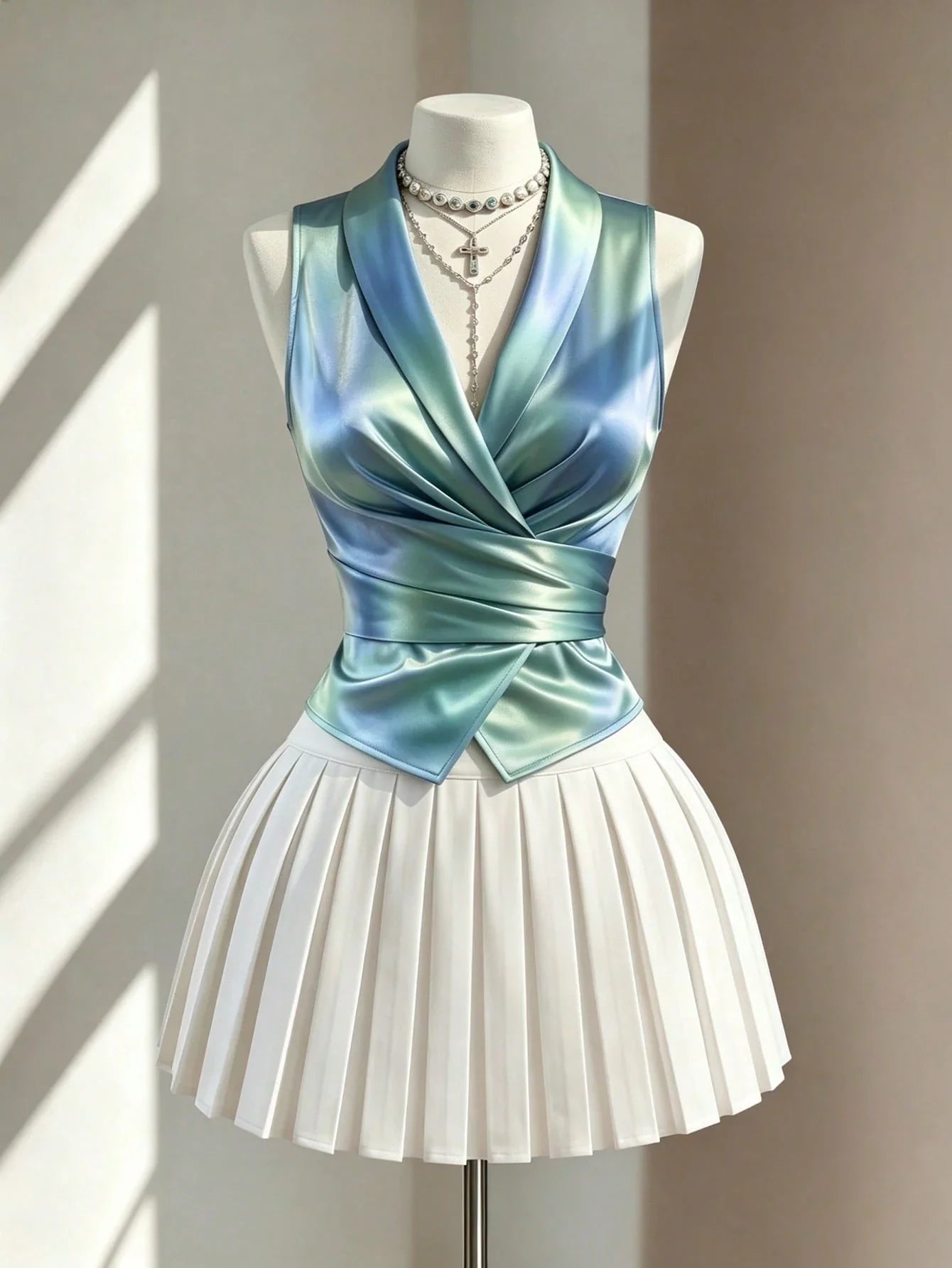 Women's Sleeveless V-Neck Tie Waist Bow Elegant Blouse shein