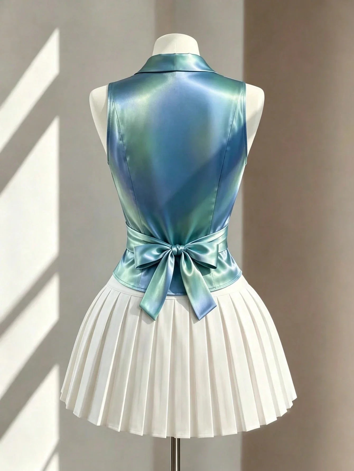 Women's Sleeveless V-Neck Tie Waist Bow Elegant Blouse shein