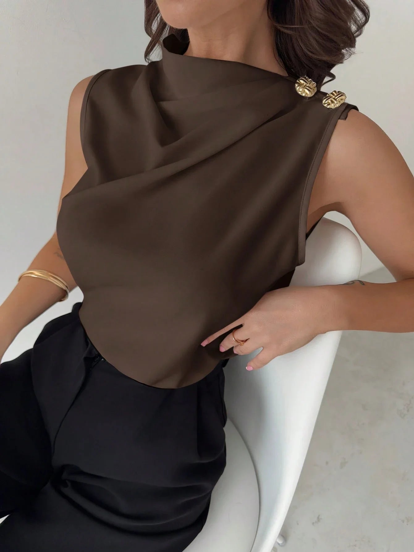 Asymmetric Pleated Collar Metal Button Sleeveless Shirt shein