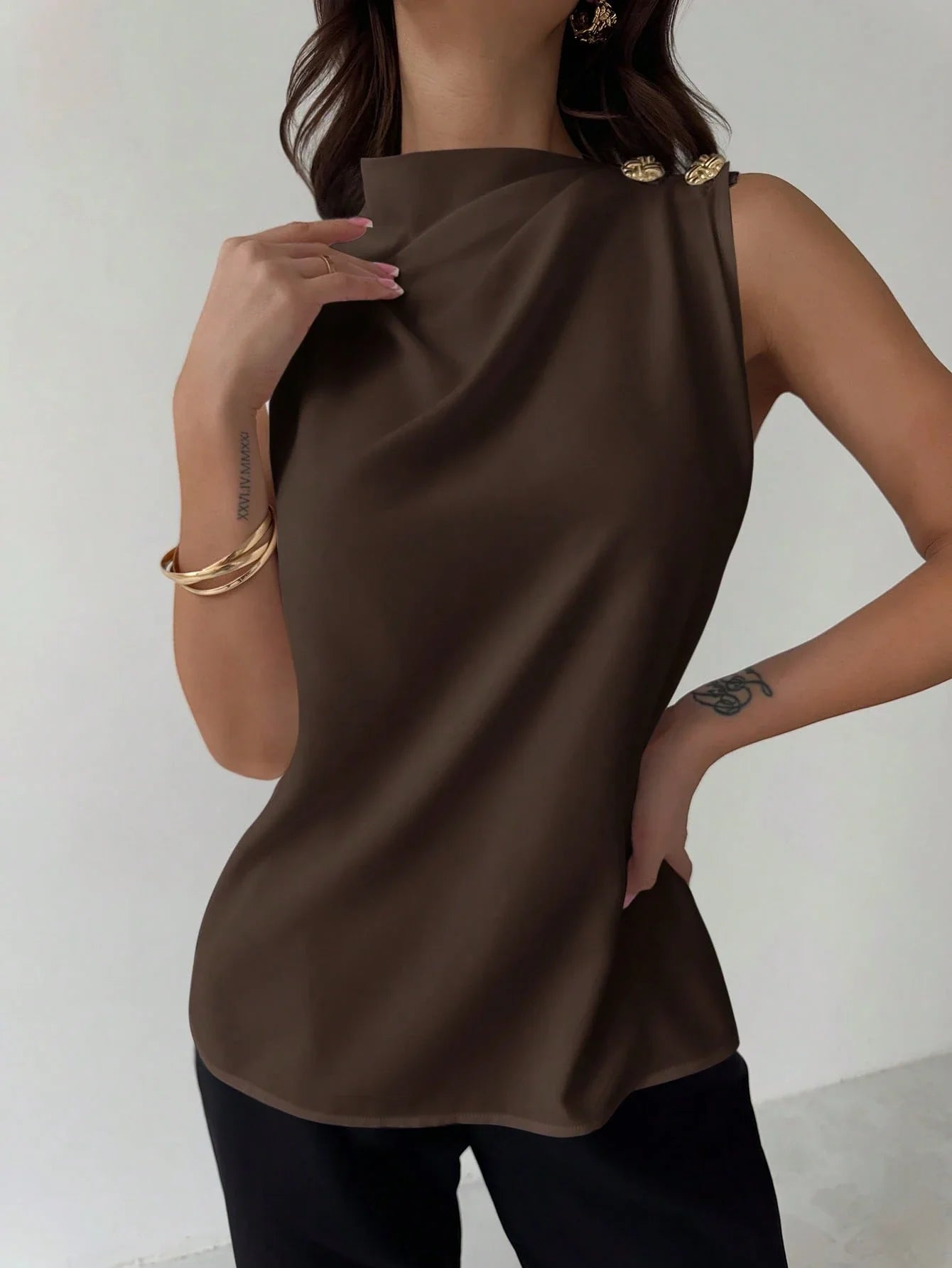 Asymmetric Pleated Collar Metal Button Sleeveless Shirt shein
