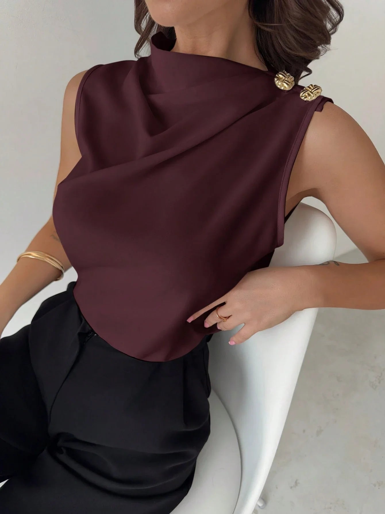Asymmetric Pleated Collar Metal Button Sleeveless Shirt shein