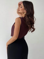 Asymmetric Pleated Collar Metal Button Sleeveless Shirt shein