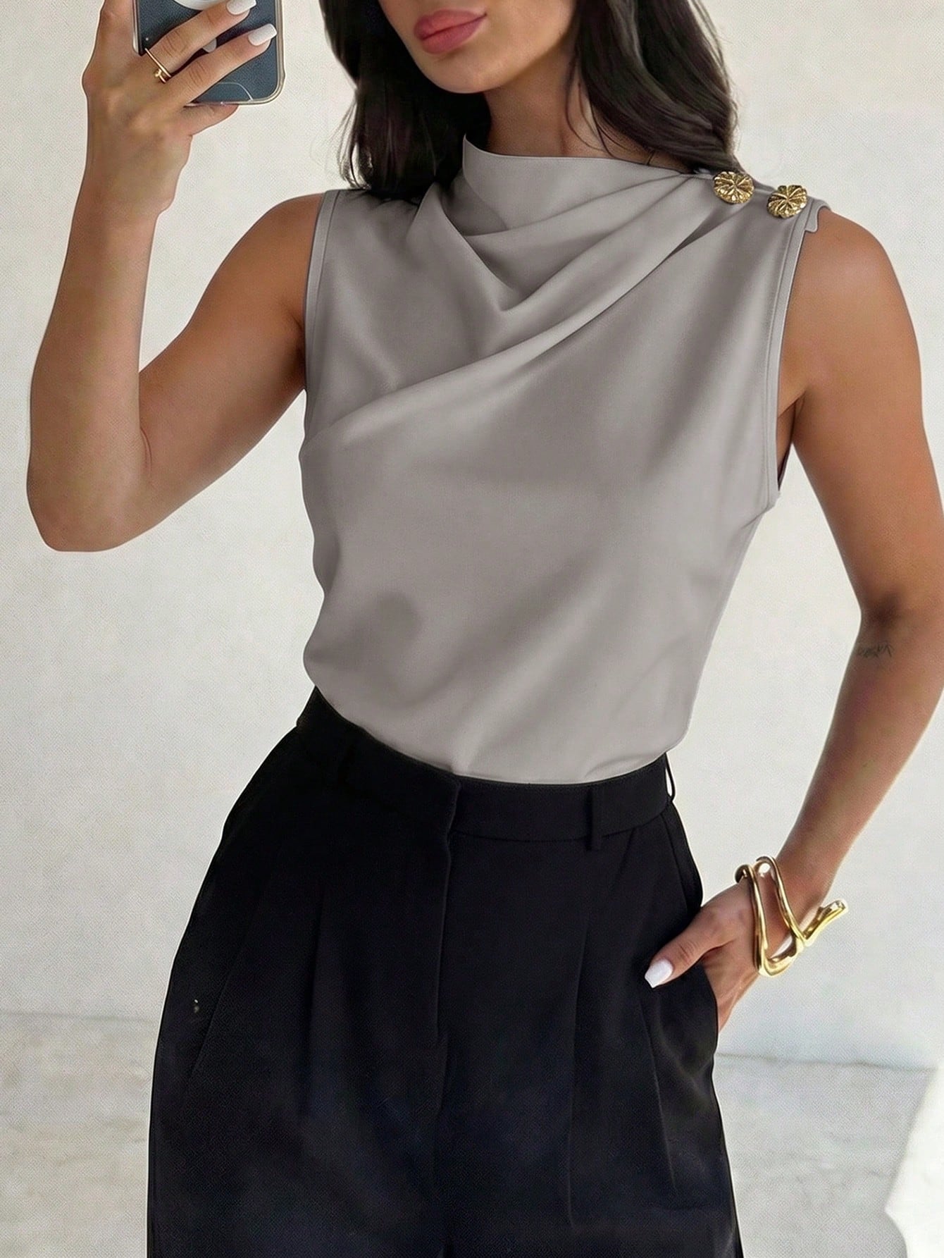 Asymmetric Pleated Collar Metal Button Sleeveless Shirt shein