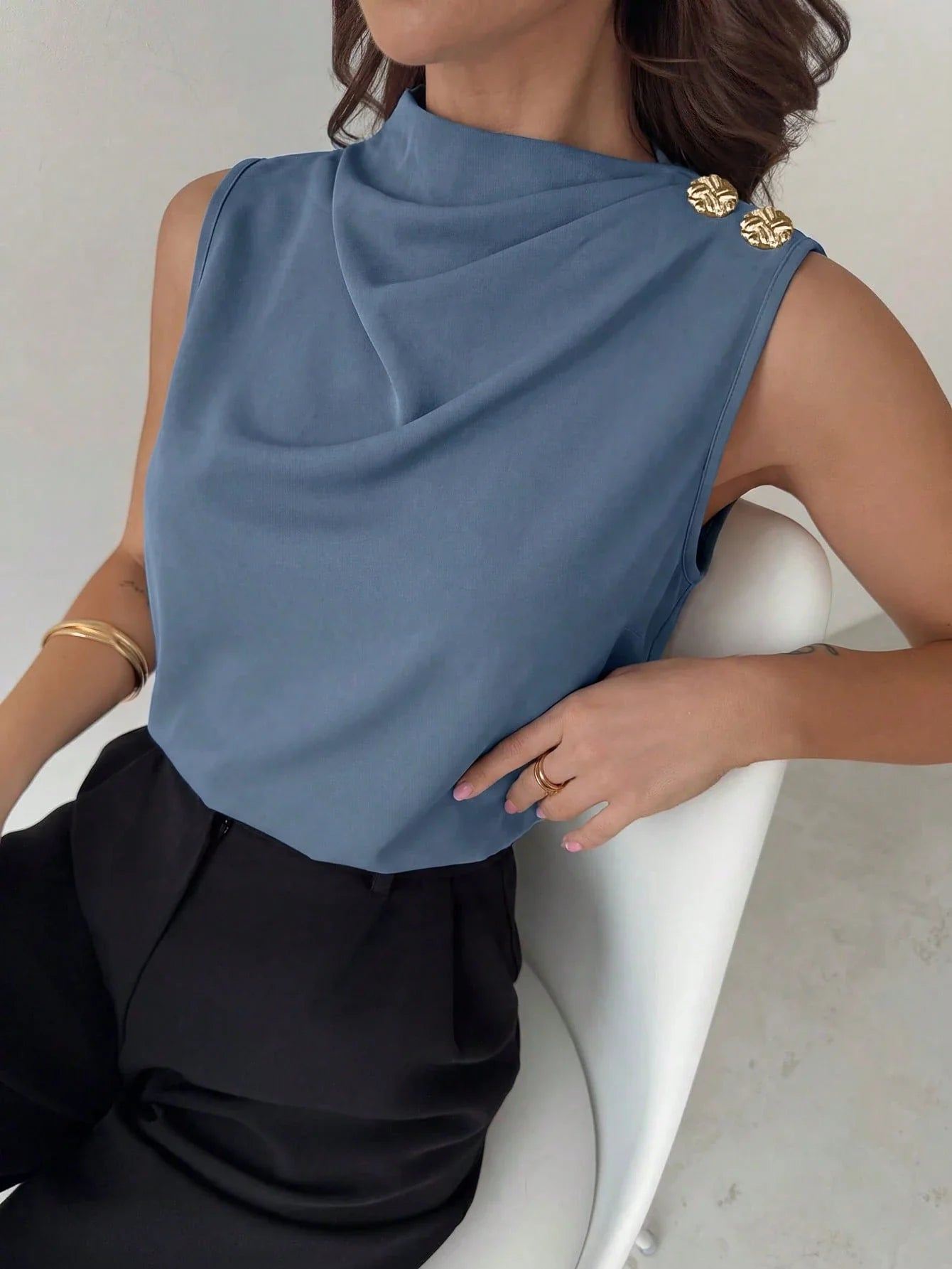 Asymmetric Pleated Collar Metal Button Sleeveless Shirt shein