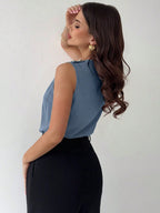 Asymmetric Pleated Collar Metal Button Sleeveless Shirt shein