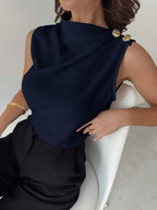 Asymmetric Pleated Collar Metal Button Sleeveless Shirt shein