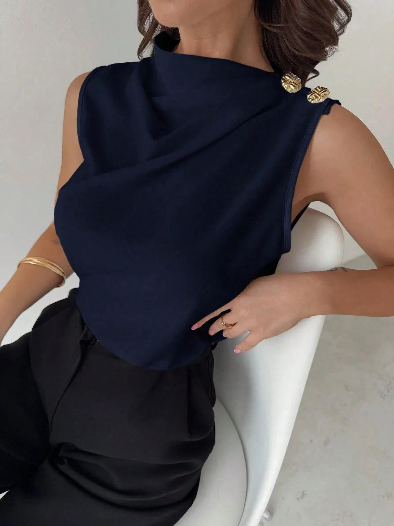 Asymmetric Pleated Collar Metal Button Sleeveless Shirt shein