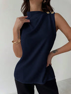 Asymmetric Pleated Collar Metal Button Sleeveless Shirt shein