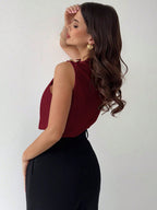 Asymmetric Pleated Collar Metal Button Sleeveless Shirt shein