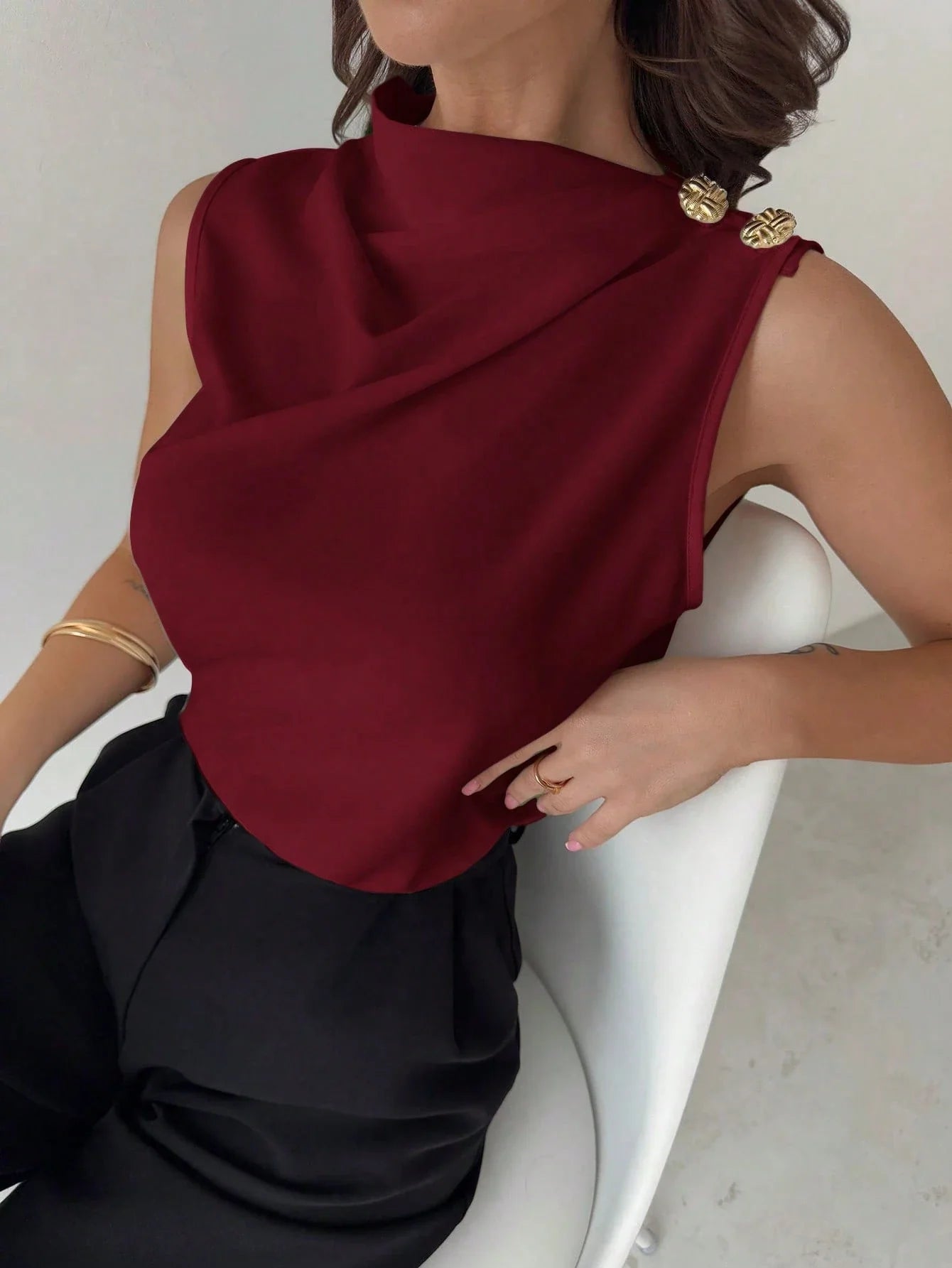 Asymmetric Pleated Collar Metal Button Sleeveless Shirt shein