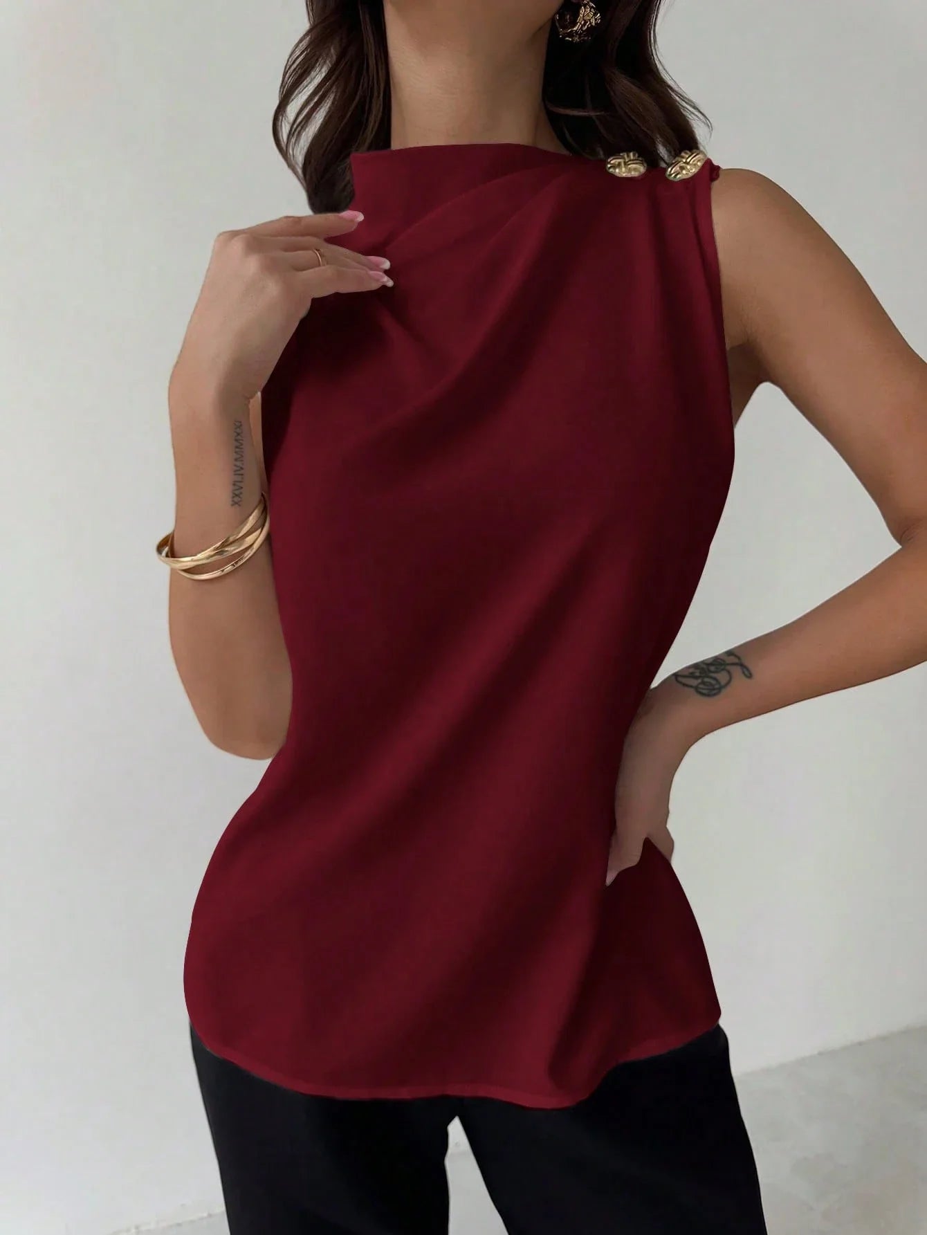 Asymmetric Pleated Collar Metal Button Sleeveless Shirt shein
