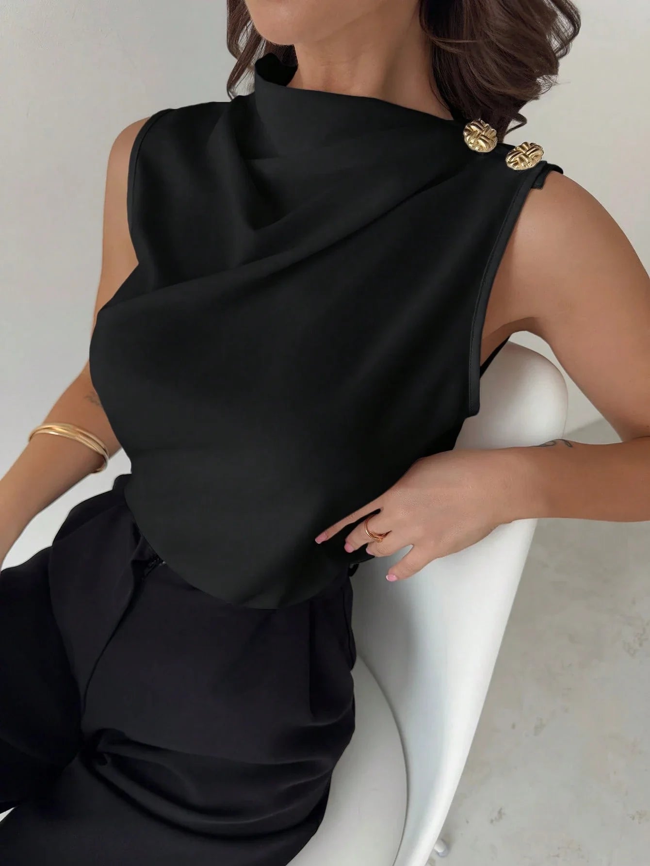 Asymmetric Pleated Collar Metal Button Sleeveless Shirt shein