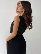 Asymmetric Pleated Collar Metal Button Sleeveless Shirt shein