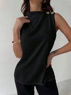 Asymmetric Pleated Collar Metal Button Sleeveless Shirt shein