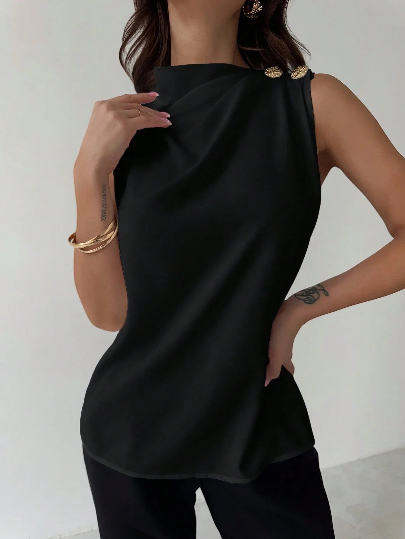 Asymmetric Pleated Collar Metal Button Sleeveless Shirt shein