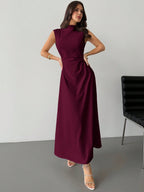 Elegant & Romantic White Ruched A-Line Maxi Dress With Stand Collar