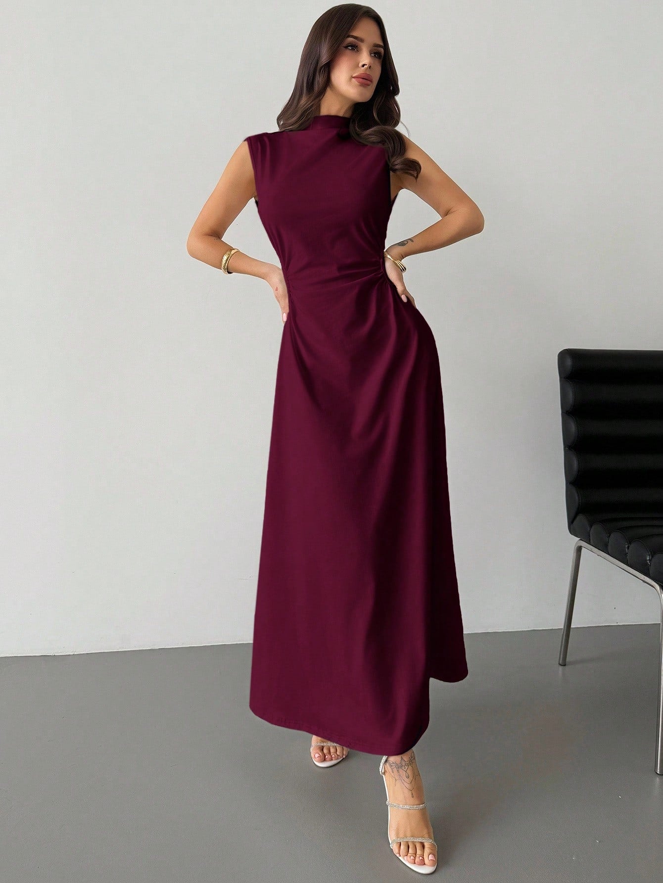 Elegant & Romantic White Ruched A-Line Maxi Dress With Stand Collar