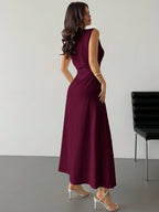 Elegant & Romantic White Ruched A-Line Maxi Dress With Stand Collar