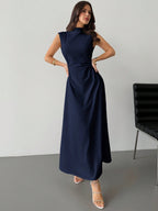 Elegant & Romantic White Ruched A-Line Maxi Dress With Stand Collar