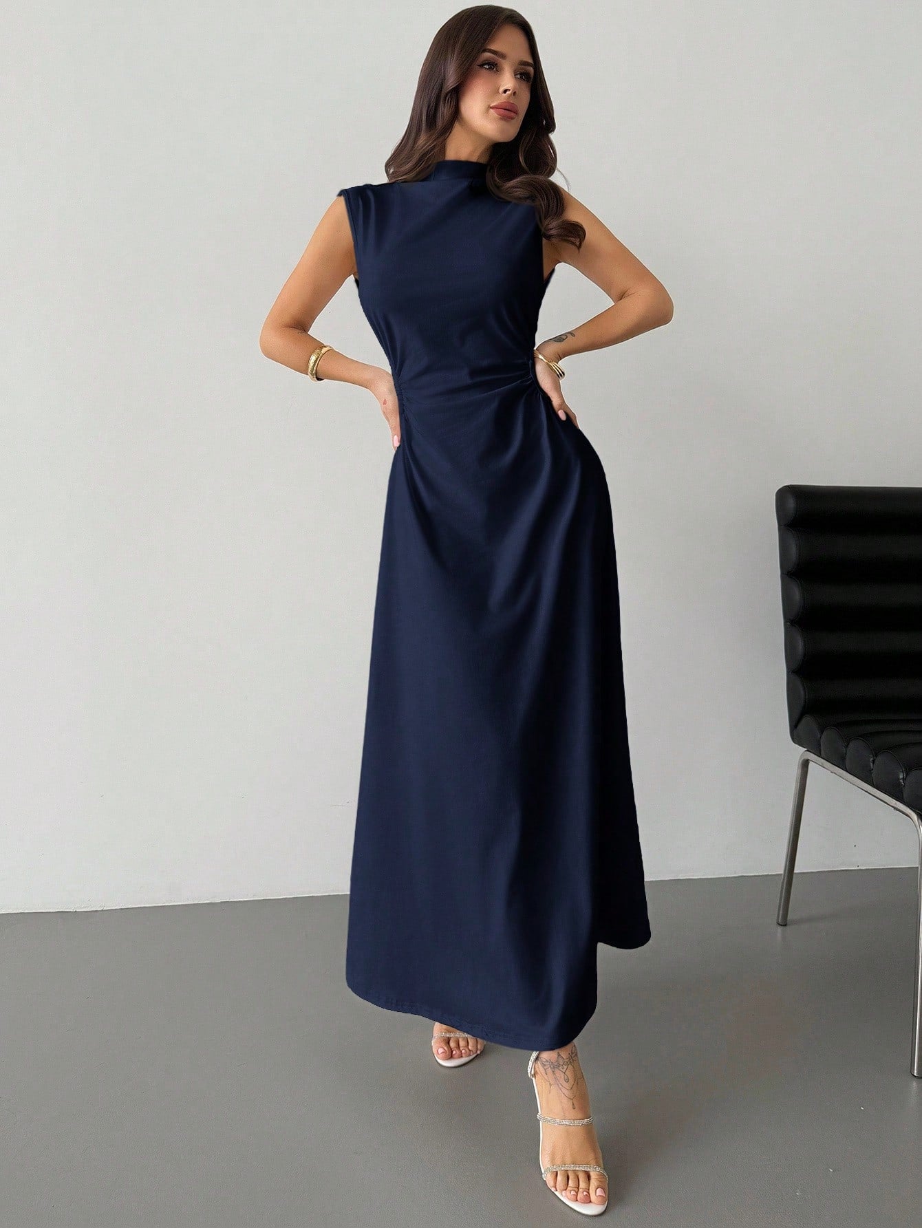 Elegant & Romantic White Ruched A-Line Maxi Dress With Stand Collar