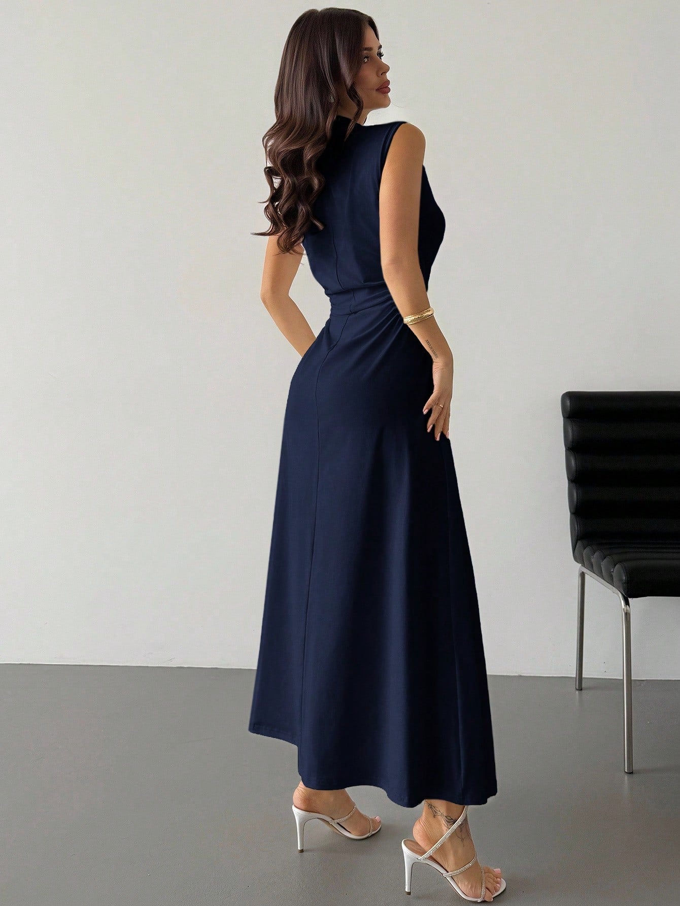 Elegant & Romantic White Ruched A-Line Maxi Dress With Stand Collar