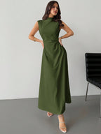 Elegant & Romantic White Ruched A-Line Maxi Dress With Stand Collar