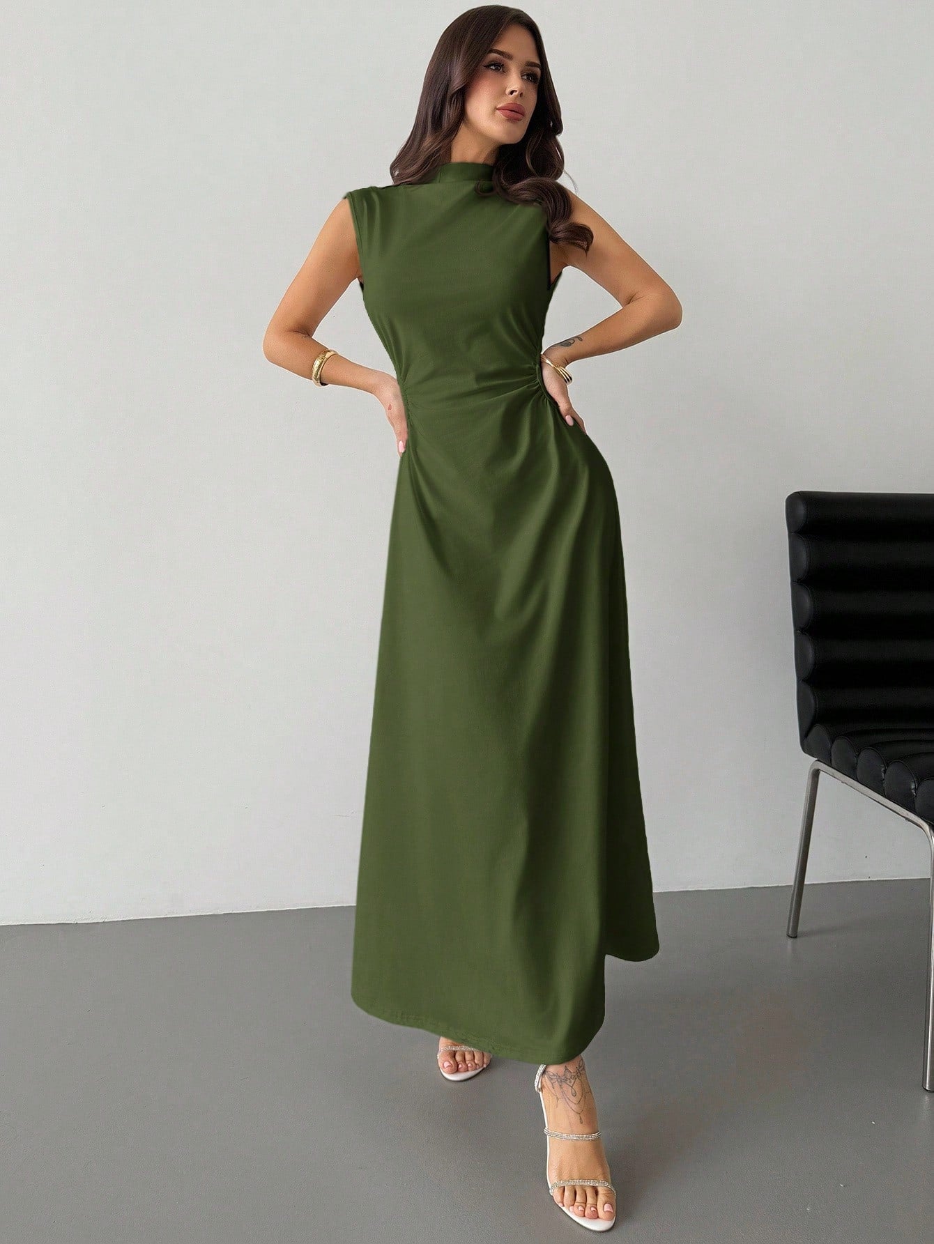 Elegant & Romantic White Ruched A-Line Maxi Dress With Stand Collar