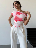 Asymmetrical Hem Open Shoulder Asymmetrical Short Sleeve Cropped T-Shirt shein
